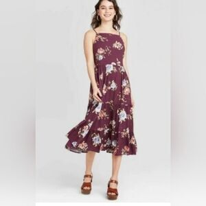 Xhilaration Burgandy Floral Spaghetti Strap Swing Dress in Size XS
